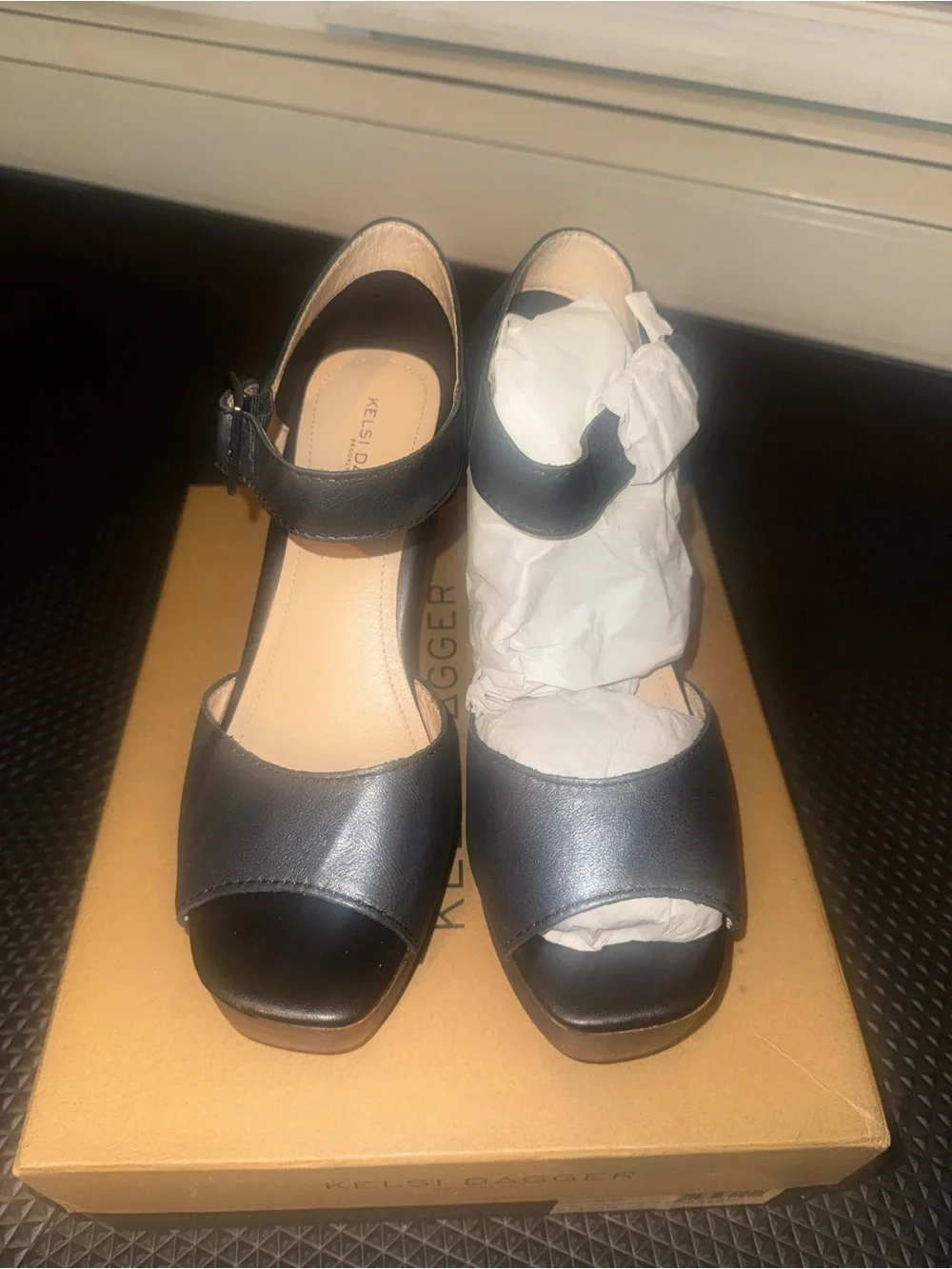 Kelsi Dagger Black Leather Platform Sandal with Bronze-Toned Block Heel